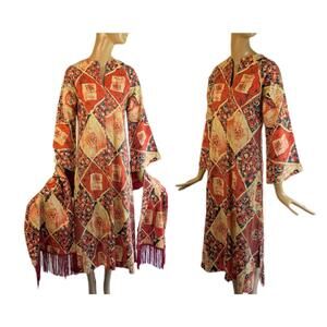 1970's Batik print vintage Kaftan dress‎ and fringe shawl Flare sleeve Caftan